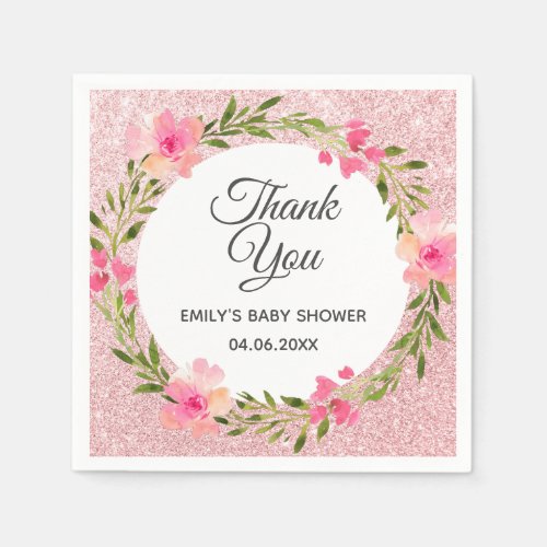 Rose Gold Pink Floral Wreath Thank You Baby Shower Napkins