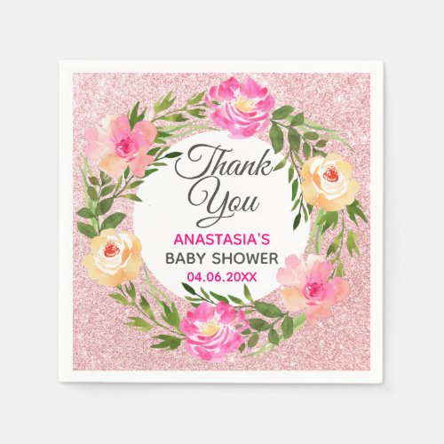 Rose Gold Pink Floral Wreath Thank You Baby Shower Napkins