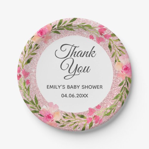 Rose Gold Pink Floral Wreath Thank You Baby Shower Paper Plates