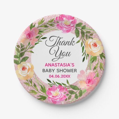 Rose Gold Pink Floral Wreath Thank You Baby Shower Paper Plates