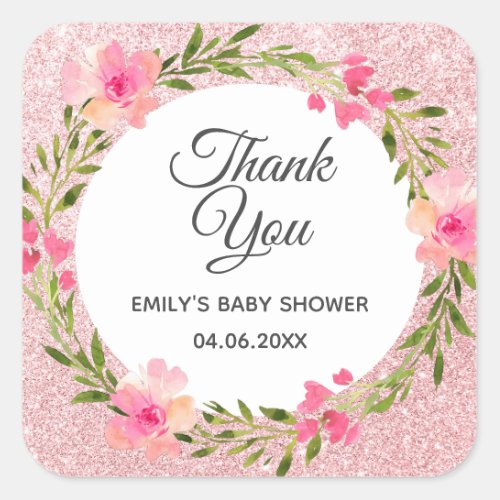 Rose Gold Pink Floral Wreath Thank You Baby Shower Square Sticker