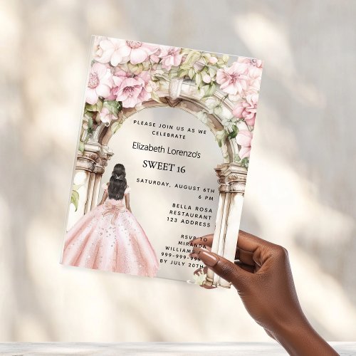 Rose gold pink florals arch dress Sweet 16 Acrylic Invitations