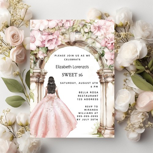 Rose gold pink florals arch dress Sweet 16 Invitation