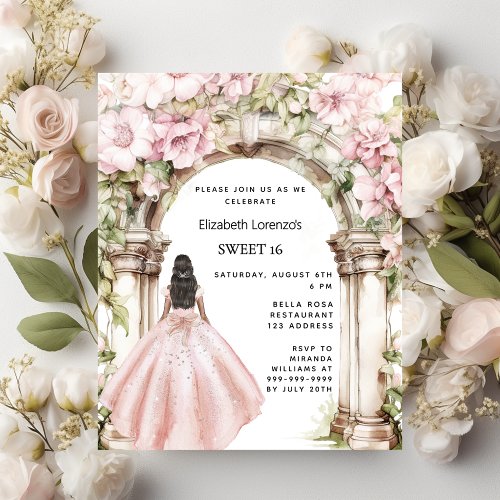 Rose gold pink florals arch Sweet 16 invitation