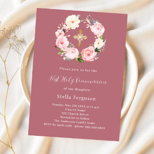 Rose gold pink florals cross girl First Communion Invitation