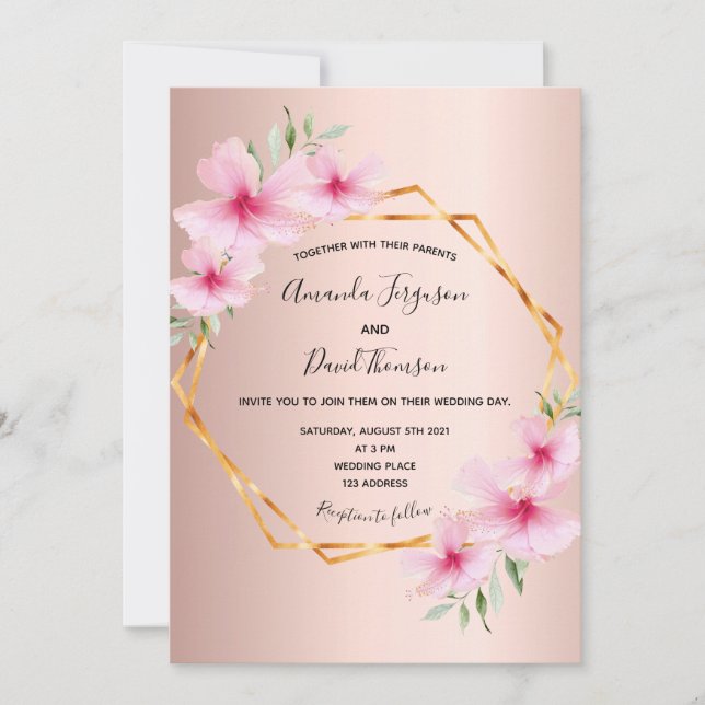 Rose gold pink florals geometric wedding invitation (Front)