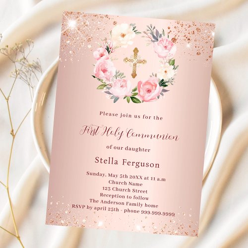 Rose gold pink florals glitter First Communion