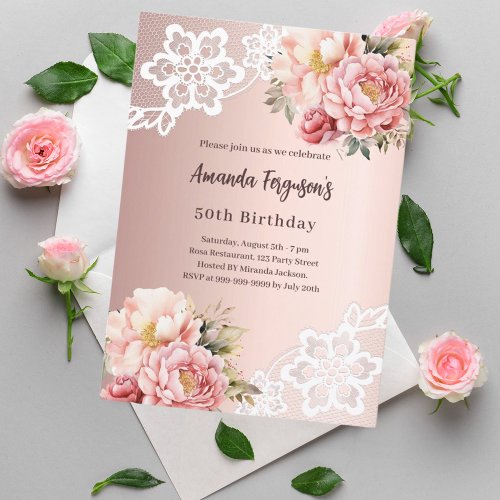 Rose gold pink florals lace 50th birthday invitation