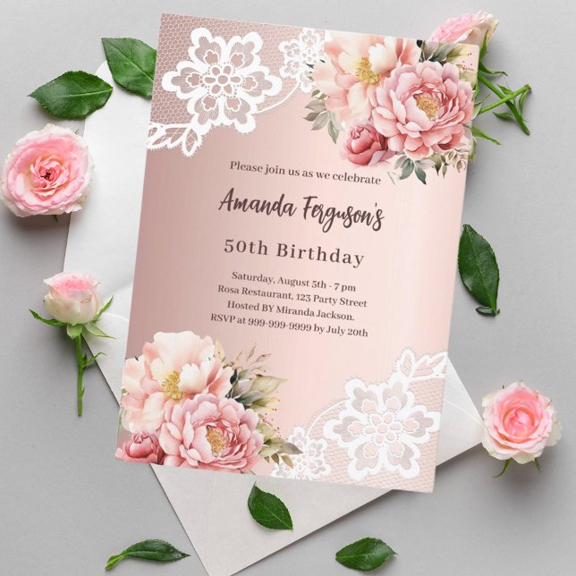 Rose gold pink florals lace 50th birthday invitation (Creator Uploaded)