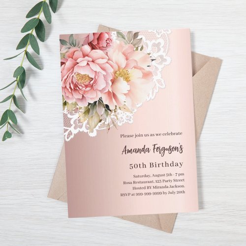 Rose gold pink florals lace 50th birthday invitation