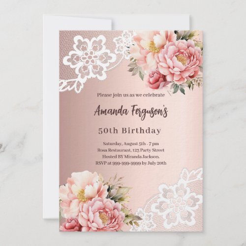 Rose gold pink florals lace 50th birthday luxury invitation