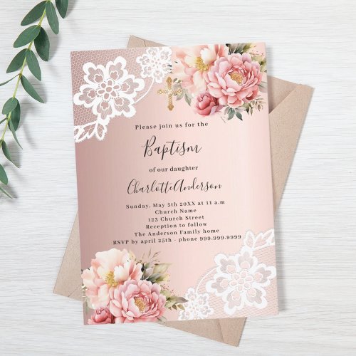 Rose gold pink florals lace Baptism Invitation