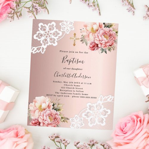 Rose gold pink florals lace Baptism invitation