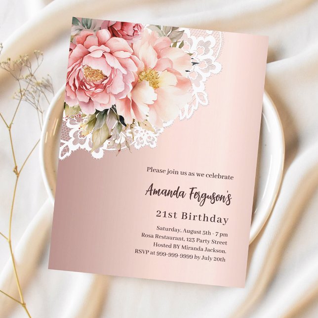 Rose gold pink florals lace birthday invitation (Creator Uploaded)