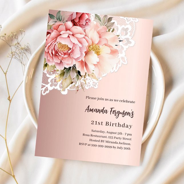 Rose gold pink florals lace birthday invitation (Creator Uploaded)