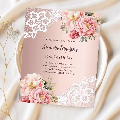 Rose gold pink florals lace birthday invitation