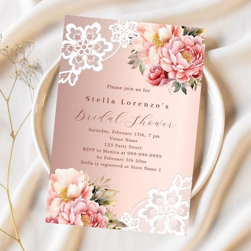 Rose gold pink florals lace Bridal Shower Invitation