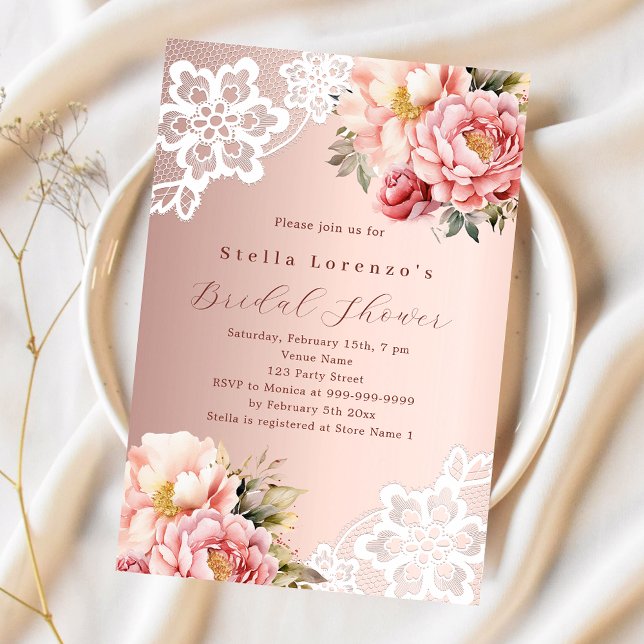 Rose gold pink florals lace Bridal Shower Invitation (Creator Uploaded)