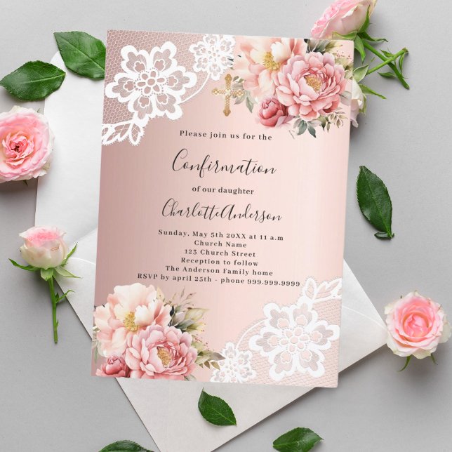 Rose gold pink florals lace Confirmation Invitation (Creator Uploaded)