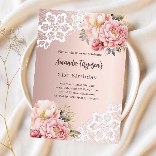 Rose gold pink florals lace elegant birthday invitation