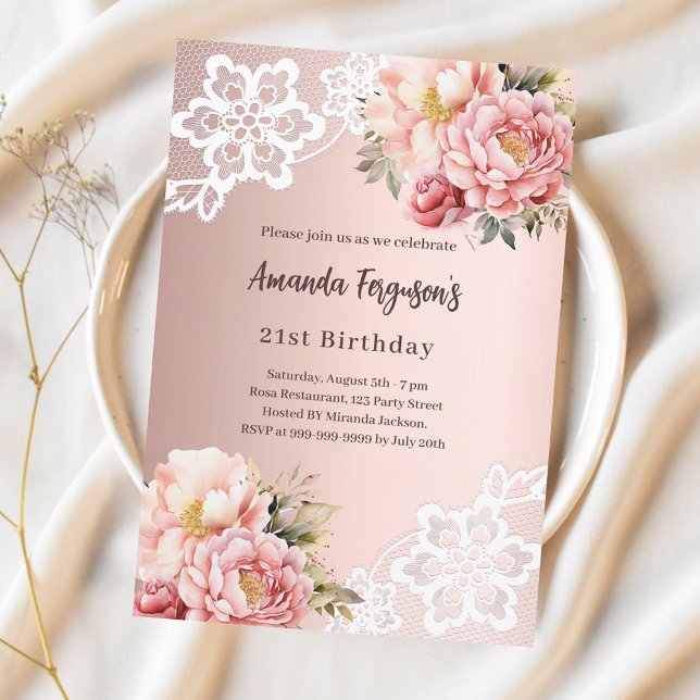 Rose gold pink florals lace elegant birthday invitation (Creator Uploaded)