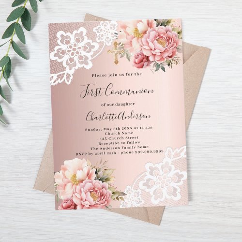 Rose gold pink florals lace First Communion Invitation