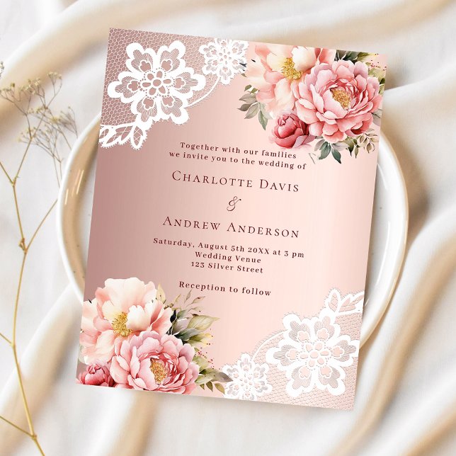 Rose gold pink florals lace wedding invitation (Creator Uploaded)