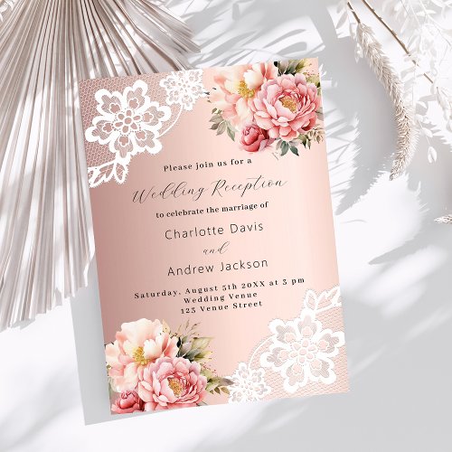 Rose gold pink florals lace wedding reception invitation