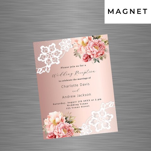 Rose gold pink florals lace wedding reception magnetic invitation