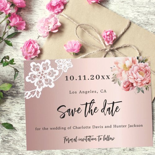 Rose gold pink florals lace wedding save the date