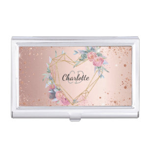 Rose gold pink florals monogram business card case