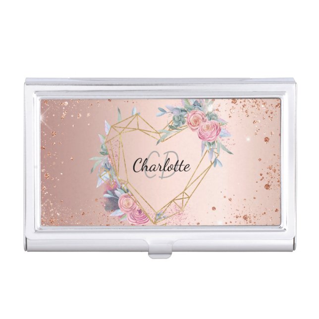 Rose gold pink florals monogram business card case (Front)
