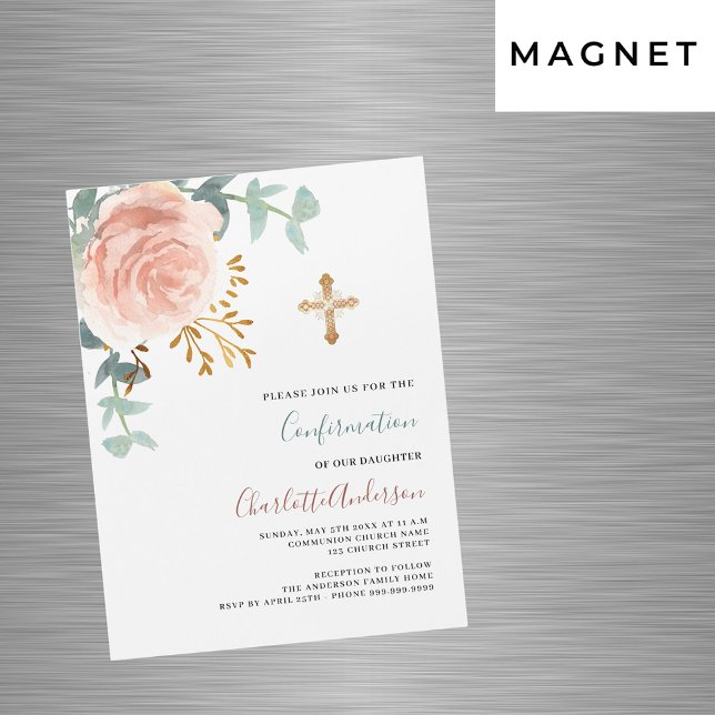 Rose gold pink flower gold luxury confirmation magnetic invitation (Creator Uploaded)