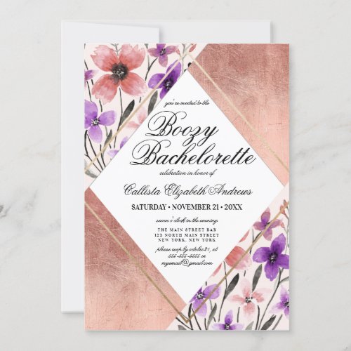 Rose Gold Pink Flower Watercolor Bachelorette Invitation