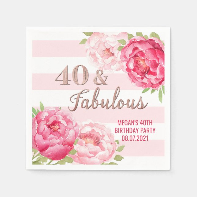 Rose Gold Pink Flowers 40 & Fabulous Birthday Napkins (Front)
