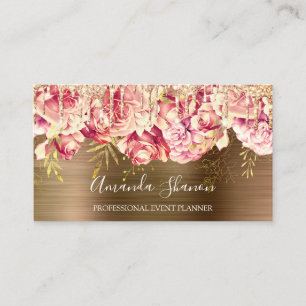 Rose Gold Pink Flowers Brown Drip QR CODE Logo Business Card