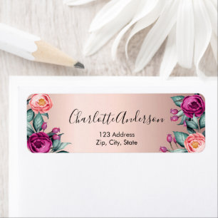 Rose gold pink flowers purple return address label