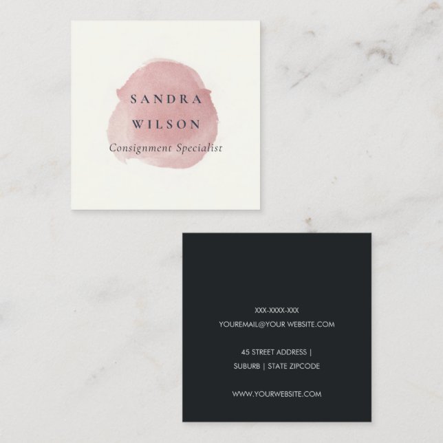 ROSE GOLD PINK FOIL BLACK BRUSH STROKE MODERN SQUARE BUSINESS CARD (Front/Back)