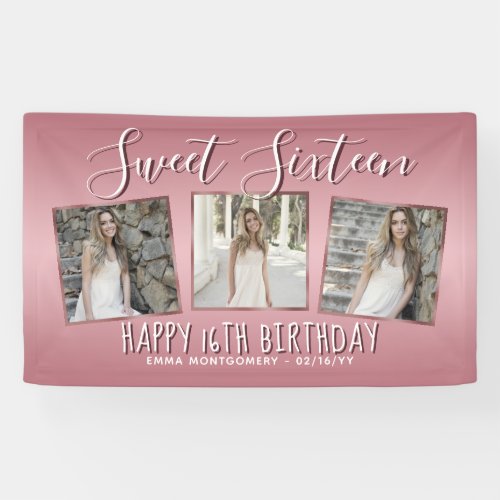 Rose Gold Pink Foil Photo Collage 16th Birthday Banner