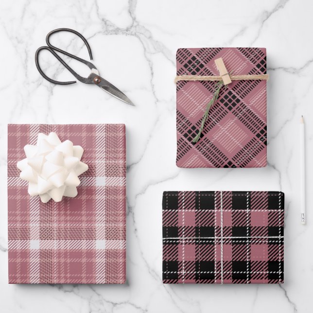Rose Gold Pink Fun Plaid Patterns Wrapping Paper Sheets (Front)