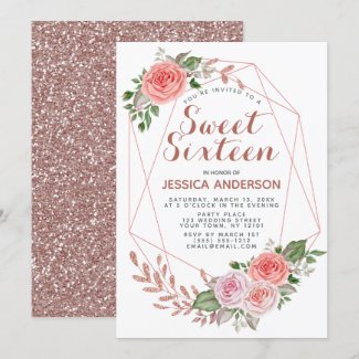 Rose Gold Pink Geometric Glitter Sweet Sixteen Invitation