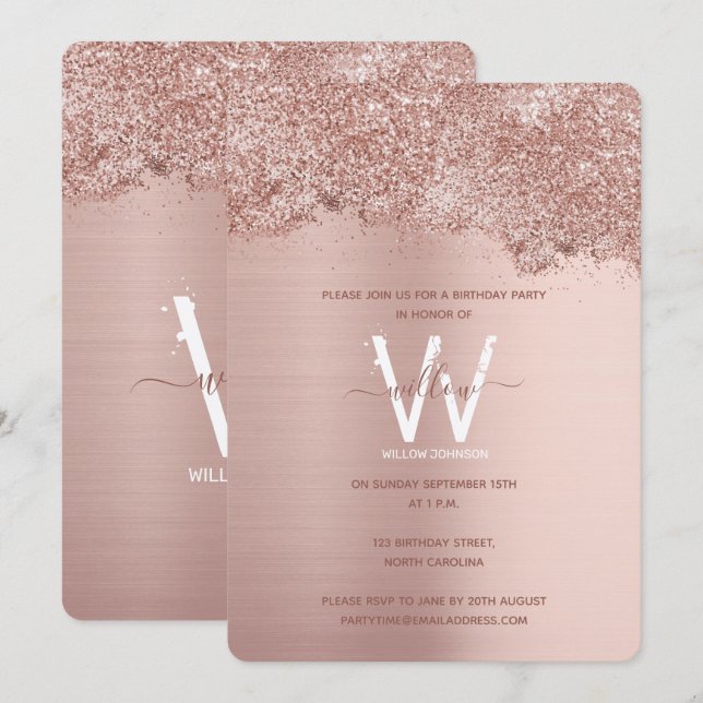 Rose Gold Pink Girly Glitter Any Year Birthday Invitation (Front/Back)