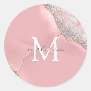 Rose Gold Pink Girly Monogram Name Marble Glitter Classic Round Sticker
