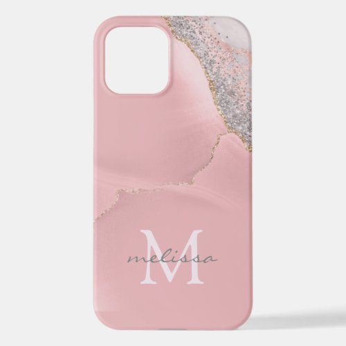 Rose Gold Pink Girly Monogram Name Marble Glitter  iPhone 12 Case