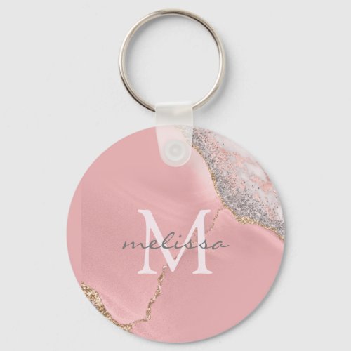 Rose Gold Pink Girly Monogram Name Marble Glitter Keychain