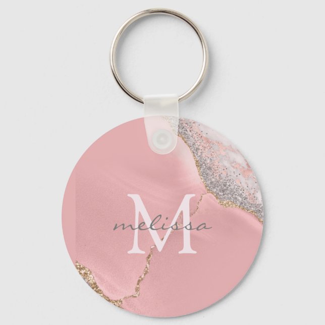 Rose Gold Pink Girly Monogram Name Marble Glitter Keychain (Front)