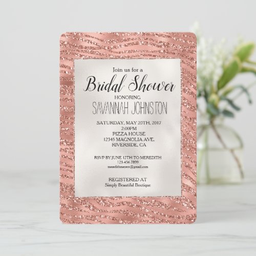 Rose Gold Pink Glam Glitter Zebra Bridal   Invitation