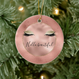 Rose Gold Pink Glam Glitzy Black Eyelashes Ceramic Ornament