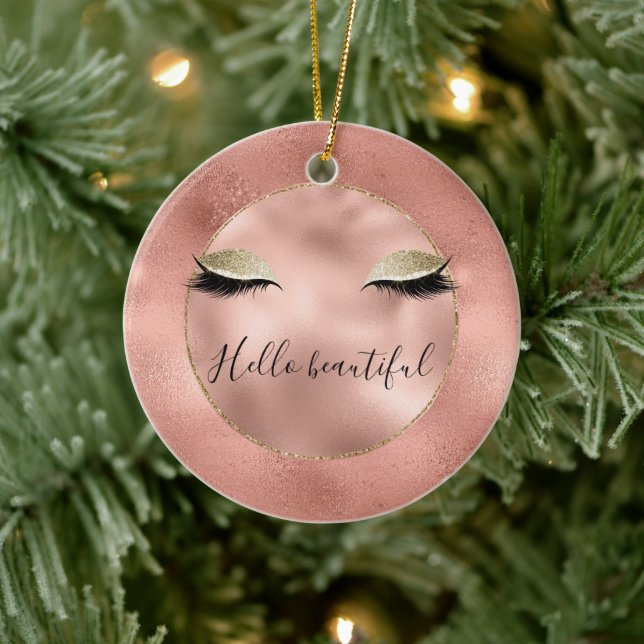 Rose Gold Pink Glam Glitzy Black Eyelashes Ceramic Ornament (Tree)