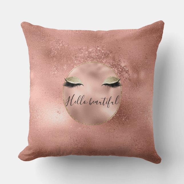 Rose Gold Pink Glam Glitzy Black Eyelashes Throw Pillow (Front)